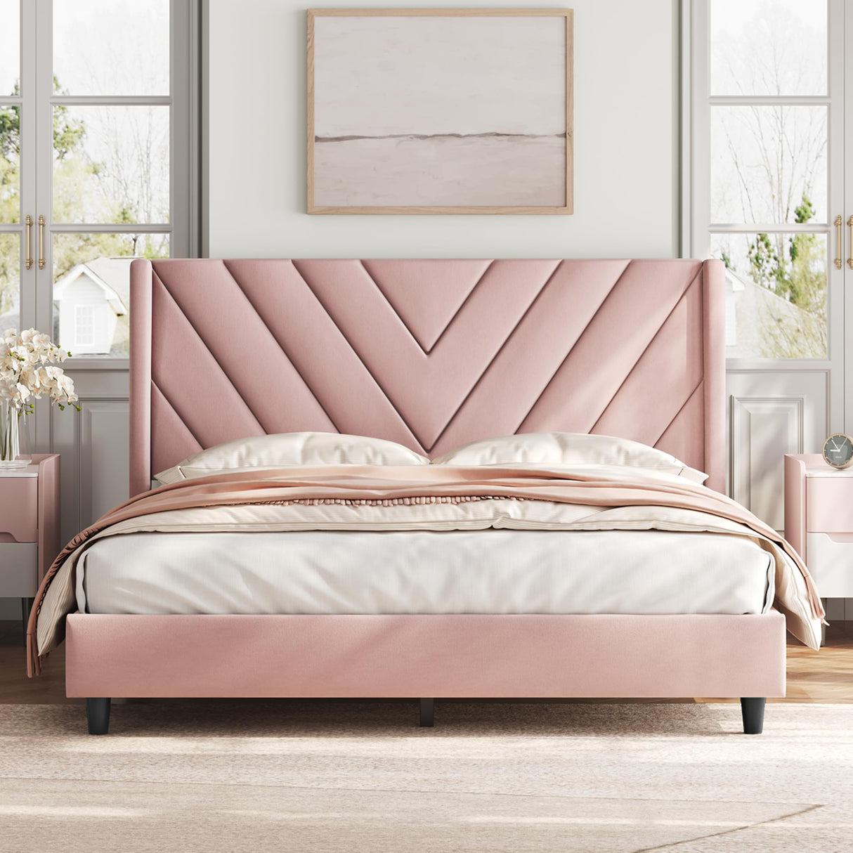 Yaheetech Queen Bed Frame Upholstered Platform Bed with Wing Side/Wooden Slat Support/Tufted Headboard with Wing Side/Mattress Foundation/No Box Spring Needed,Pink Queen Bed Yaheetech