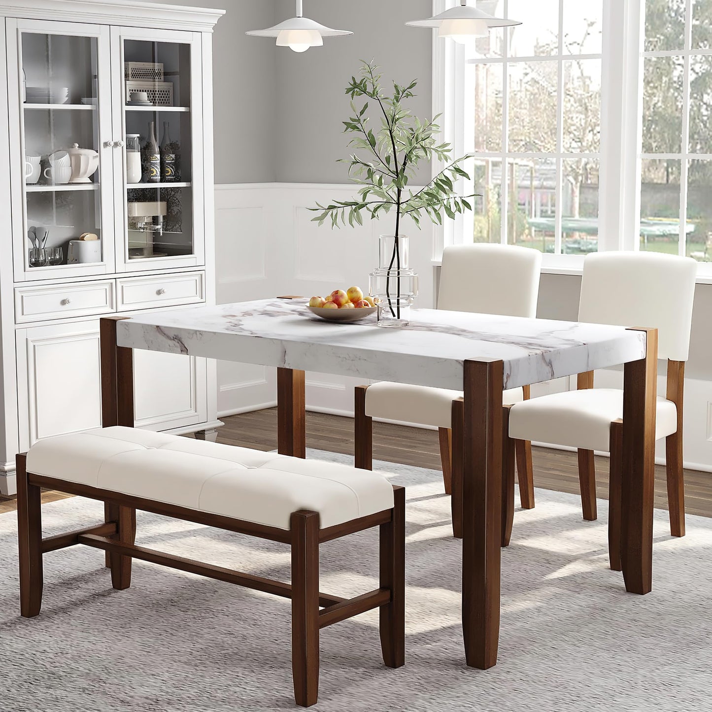 Merax 4 Piece Dining Table Set,46" Faux Marble Style Table and 2 Upholstered Chairs & Bench, 4-Person Space-Saving Dinette Set for Kitchen,Dining Room(Table+2 Chair+Bench) - WoodArtSupply