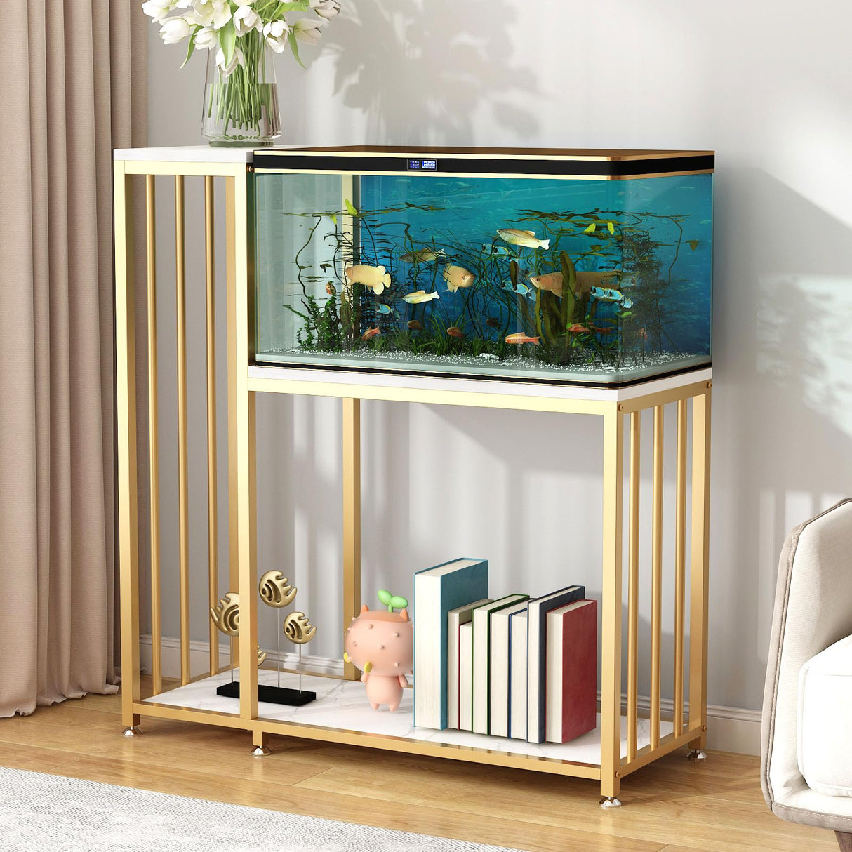 WOULHOMY 29 Gallon Fish Tank Stand, Metal Aquarium Stand with Shelves for Fish Tank Accessories Storage, Reptile Tank Turtle Terrariums Stand for Home Office (Gold) WOULHOMY