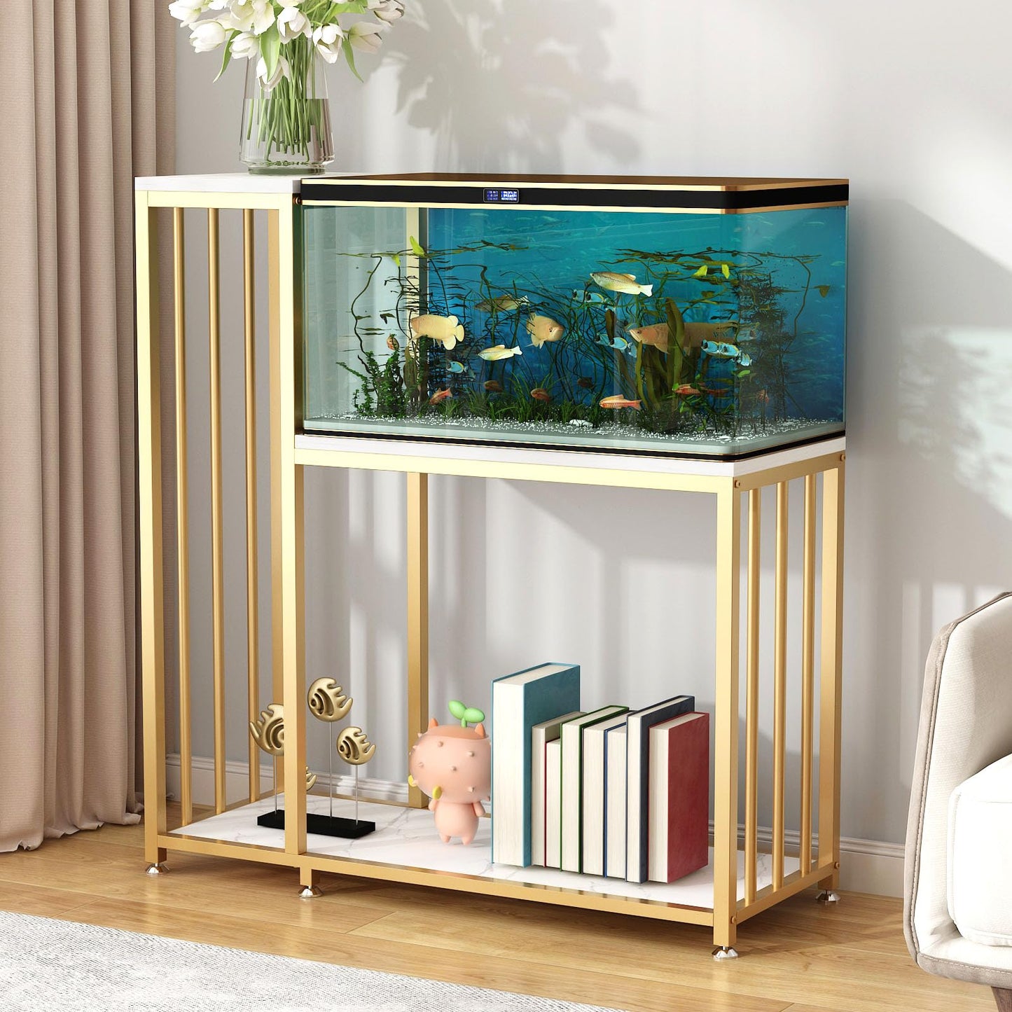 WOULHOMY 29 Gallon Fish Tank Stand, Metal Aquarium Stand with Shelves for Fish Tank Accessories Storage, Reptile Tank Turtle Terrariums Stand for Home Office (Gold) - WoodArtSupply