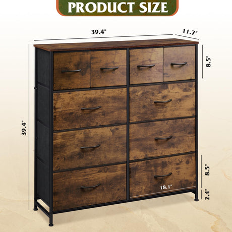 WLIVE Fabric Dresser for Bedroom, Storage Drawer Unit,Dresser with 10 Deep Drawers for Office, College Dorm, Black and Rustic Brown WLIVE