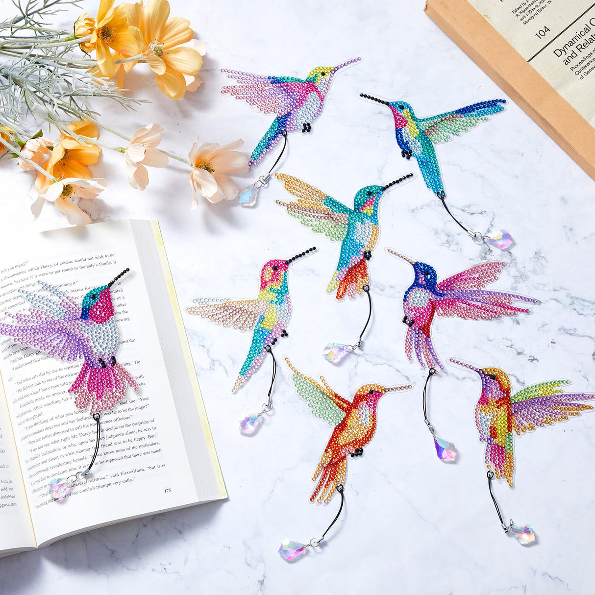 Yeaqee 8 Pcs 5D Butterfly Hummingbird Diamond Art Bookmarks Acrylic Crystal Pendant Diamond Art Bookmark Kits for Adults Home Office Project, 8 Styles(Hummingbird) Yeaqee