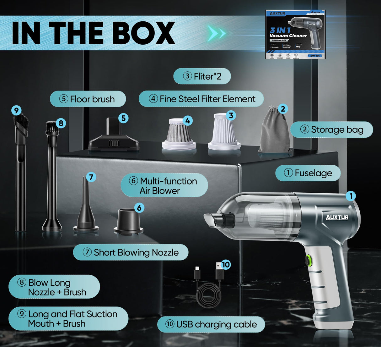 AUXTUR Car Vacuum Portable Cordless Handheld 3 in 1 High Power|15000PA Brushless Motor|Super Suction Mini Car Vacuum with Super Endurance for Car and Home AUXTUR