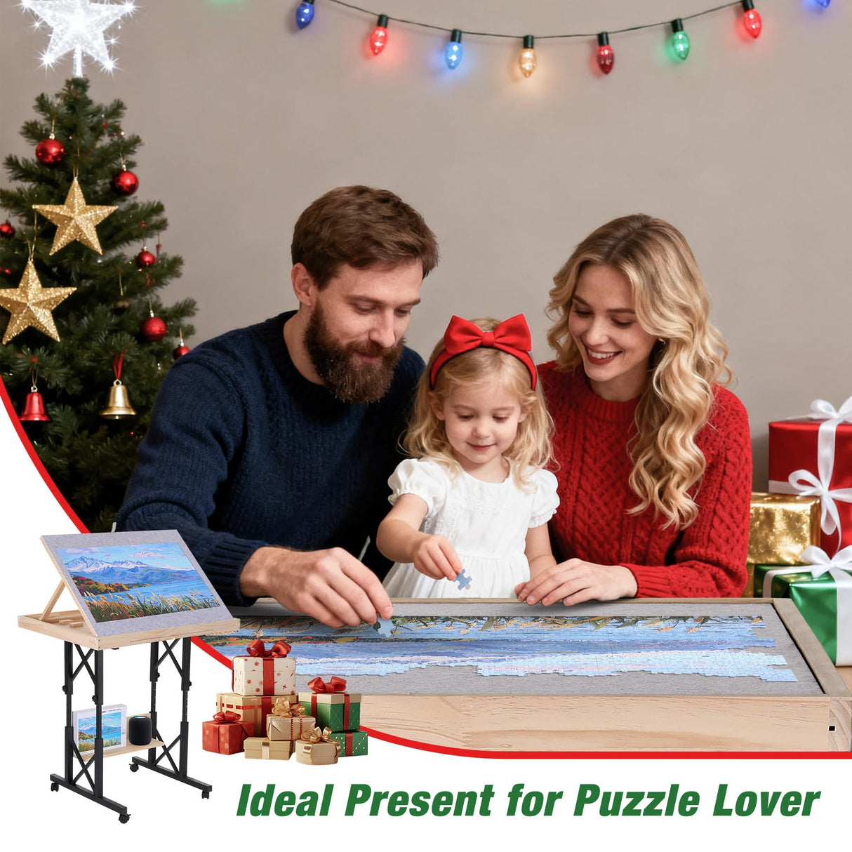 FUNTOK 1500 Piece Jigsaw Puzzle Table with Legs for Adults, Portable Wooden Puzzle Tables with Wheels, Drawers, Adjustable Height with Scales, 5-Tilting-Angle, Transparent Cover, Non-Slip Felt Surface FUNTOK