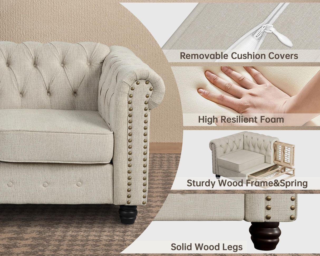 Morden Fort Classic Chesterfield Sofa Set 82'', Tufted Sofa Couch Set with Solid Wood Legs Thick Cushion, Pet-Friendly 3-Seater Sofas Couches for Living Room Bedroom Apartment - Linen Beige Morden Fort