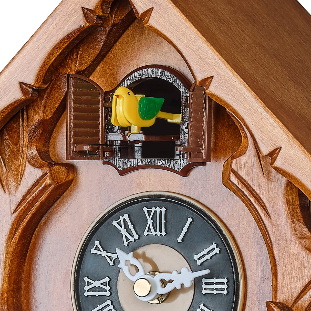 TIMEGEAR Cuckoo Clock with Night Mode, Singing Bird and Carved Wood Decorations (Cherry) TIMEGEAR