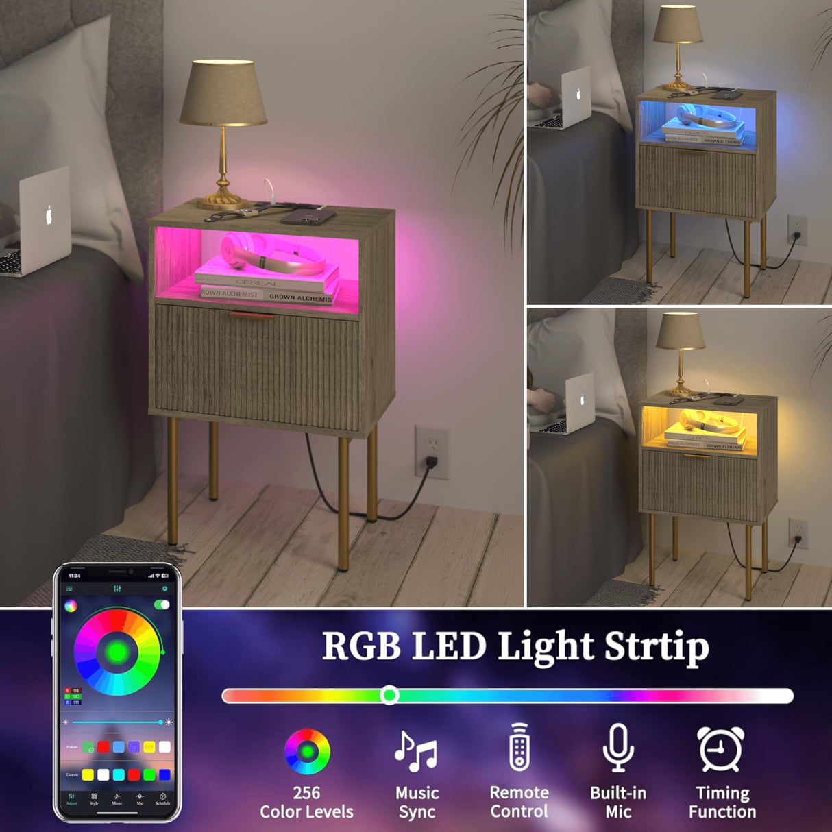 JOONEE Modern Nightstand with Charging Station and LED Lights, White Bedside Table with Drawer, Fluted Side Table for Living Room, Bedroom JOONEE