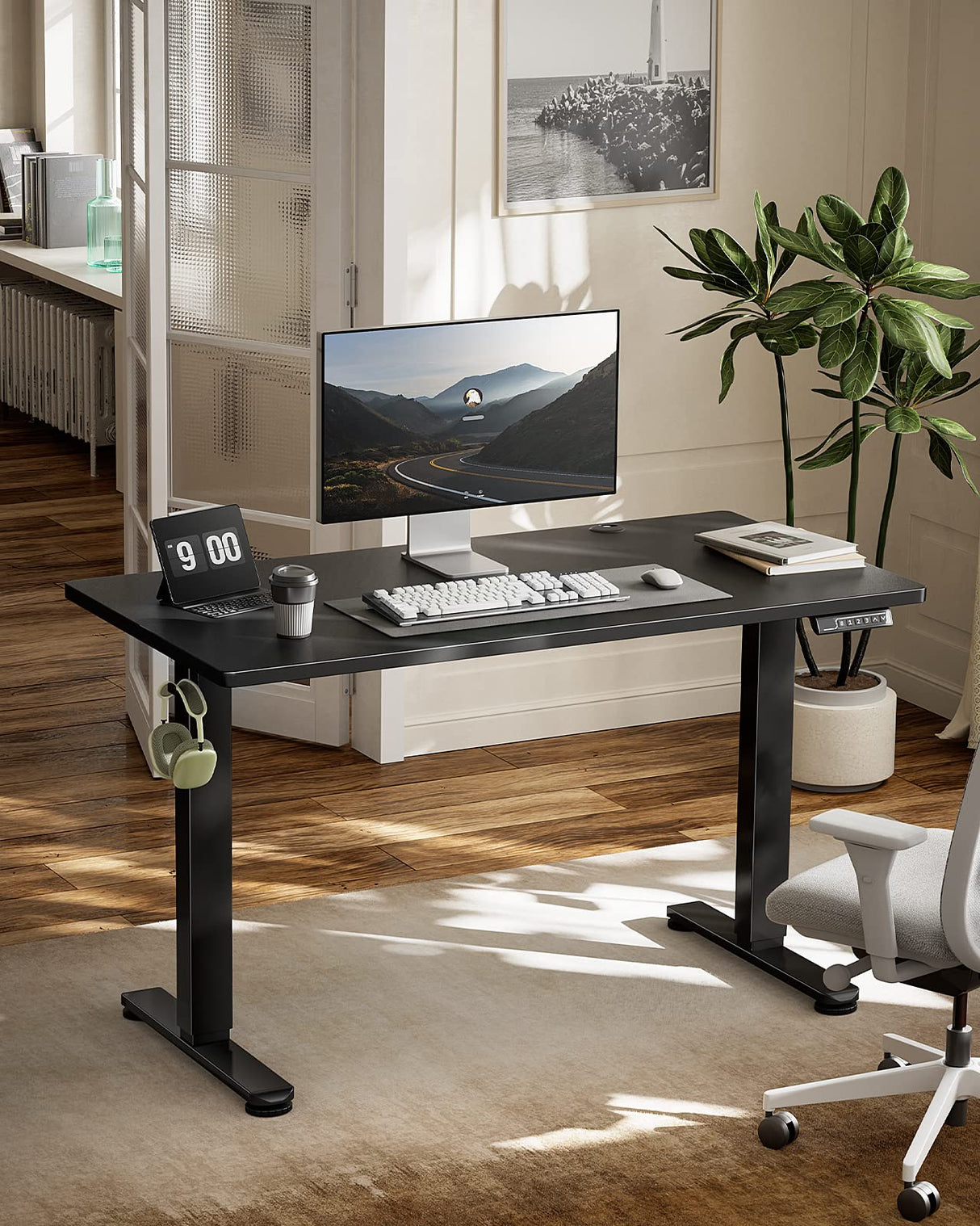 Marsail Standing Office Desk,Adjustable Heights,Stand Up Desk,63x24 Inches Desktop Sit Stand Home Office Gaming Computer Desk with 4 Memory Presets,Headphone Hook,Cable Organizer,Black. Marsail