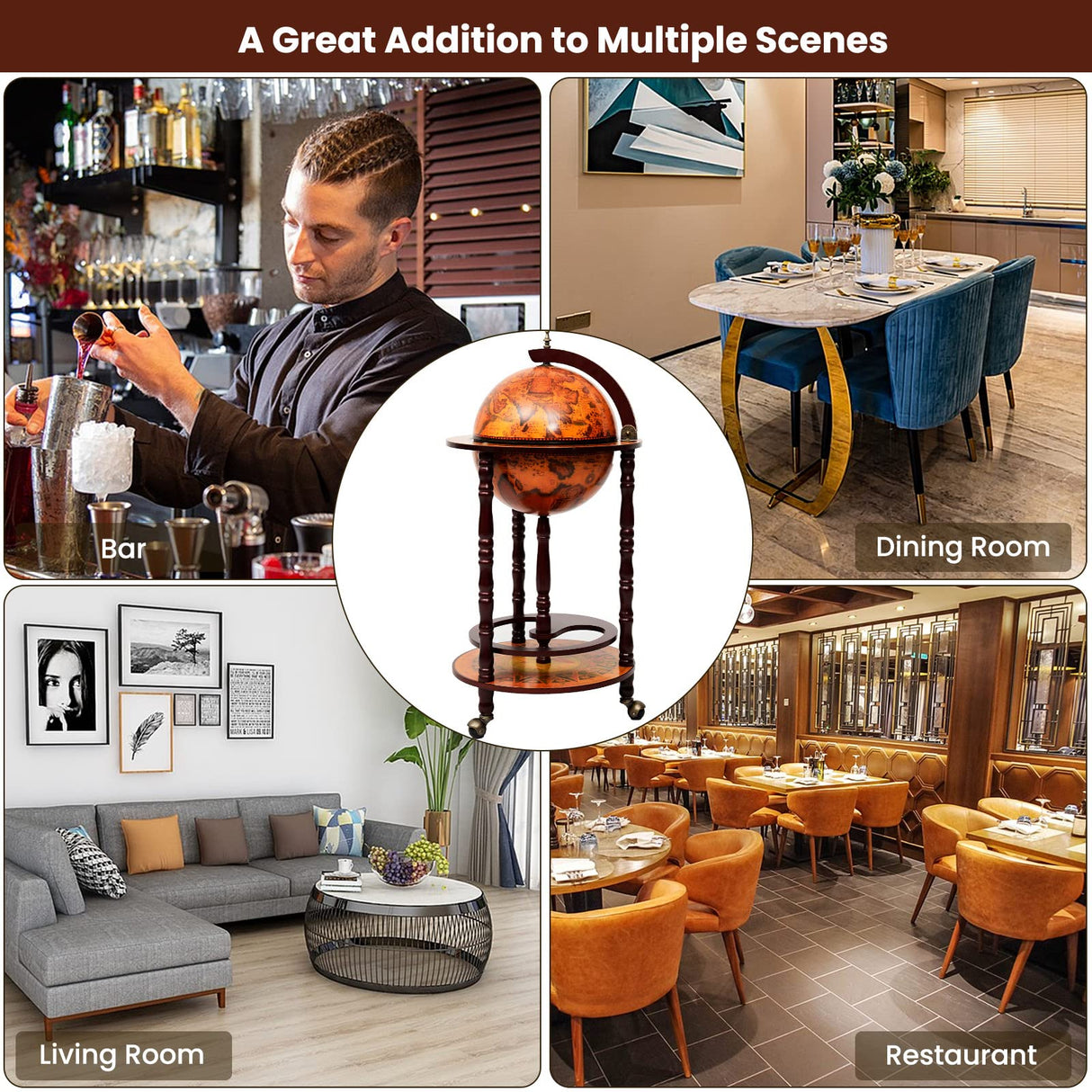 COSTWAY Globe Wine Bar Cabinet, Italian Replica Bar Cart with Wheels and Liquor Bottle Shelf, Solid Wood Wine Bar Stand for Home, Kitchen, Bar, Pub (Brown) COSTWAY