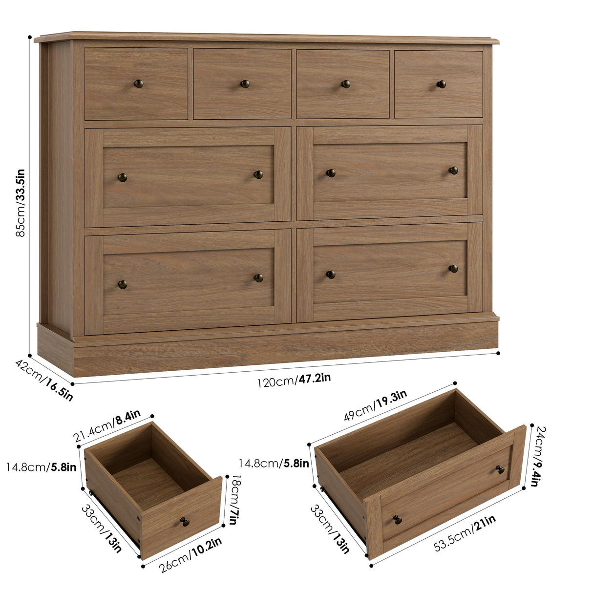 FINETONES 8 Drawer Dresser, 47.2" Chest of Drawers with Large Storage, Wood Dresser with Deep Drawers, Long Dressers & Chests of Drawers for Home Office, Walnut FINETONES