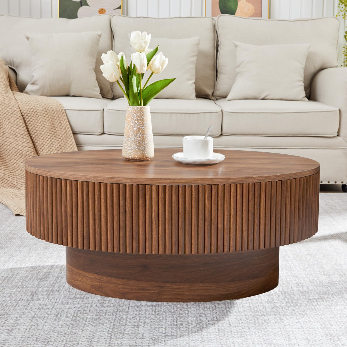 Janmer Home Oval Coffee Table with Hidden Storage, 31.5 Inch Wide Modern Coffee Table, Center Table with Fluted Veneered, Accent Tea Table for Small Space Living Room Apartment (Walnut) Janmer Home
