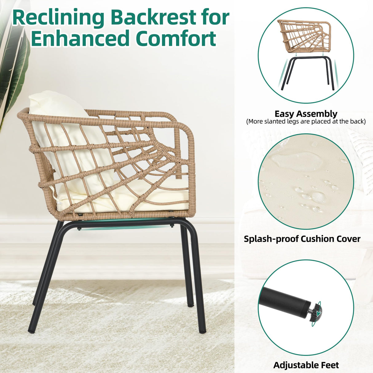 YITAHOME Accent Chairs Set of 2, Wicker Arm Chair with Soft Cushion, Comfy Living Room Chairs Mid-Century Modern Reading Chairs with Side Table for Living Room, Bedroom, Balcony, Beige YITAHOME