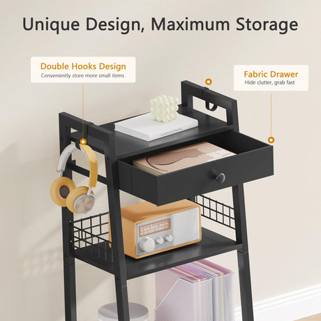 Gewudraw 3-Tier Bathroom Ladder Shelf with Drawer, Freestanding Tower Shelf Ladder Bookshelf for Living Room, Bedroom -Black Gewudraw