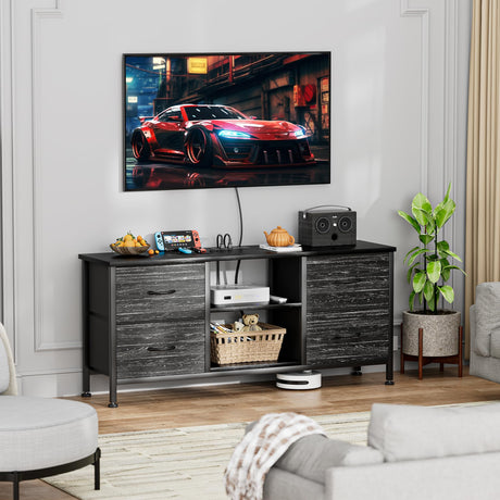 YaFiti TV Stand for Bedroom, Dresser TV Stand with 4 Fabric Drawers & Open Shelves for 50" TV, Entertainment Center with Power Outlet, Dresser for Bedroom, Living Room, Entryway, Black Wood Veins YaFiti