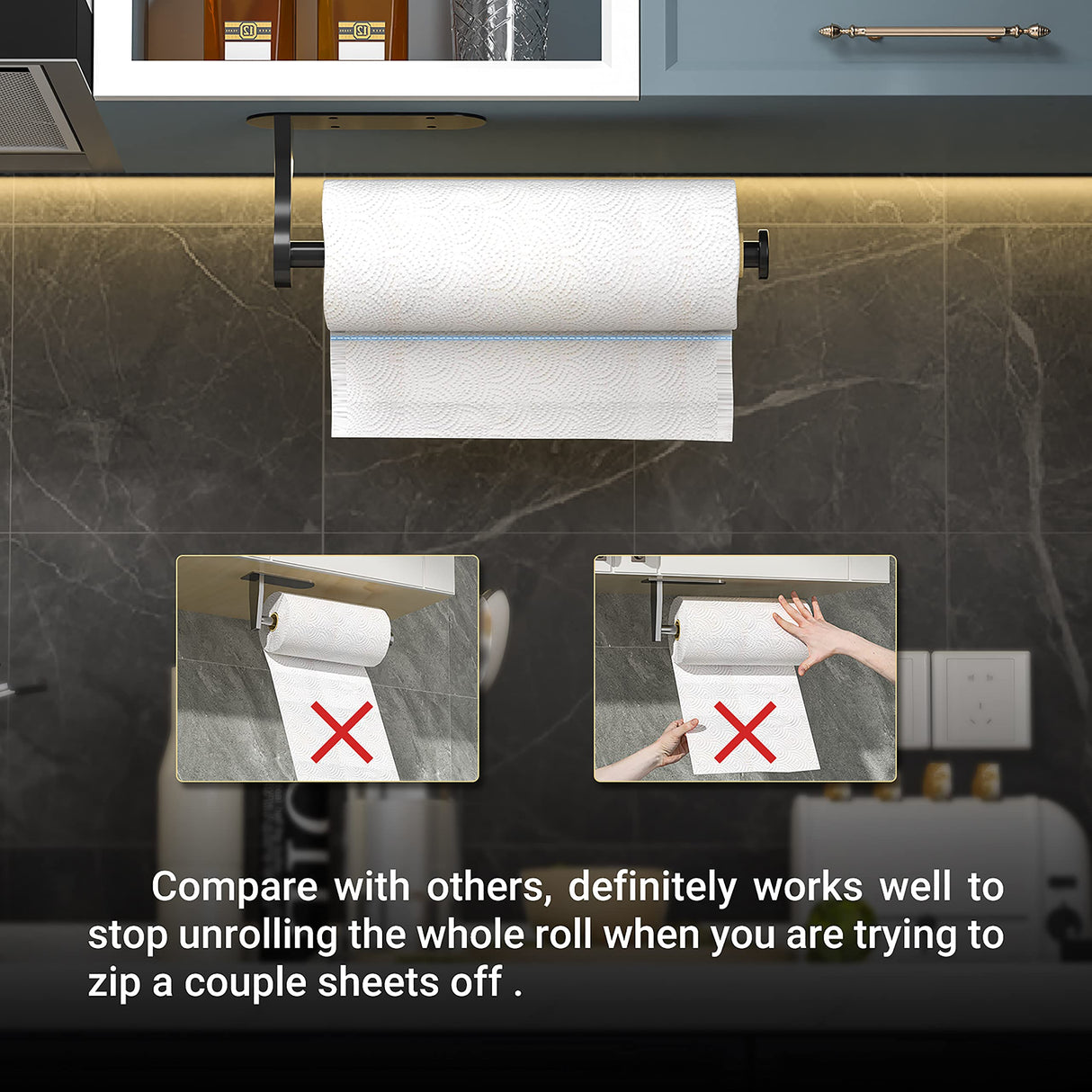 Paper Towel Holder Under Cabinet, One-Handed Tear, Wall Mount, Adhesive, Stainless Steel, Black, Paper Roll Holder with Ratchet Mechanism for Kitchen Bathroom Farmhouse Essentials Decor Accessories Swaitee