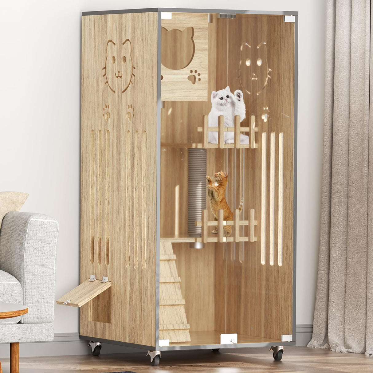 Wooden Cat House Large Space Cat Cage with Scratching Post, Wooden Indoor/Outdoor Cat Enclosure with Wheels, Multi-Feature Luxury Cat Villa for Indoor Cats Ventilation Glass Doors,50" X 24" X 24" HUATOL