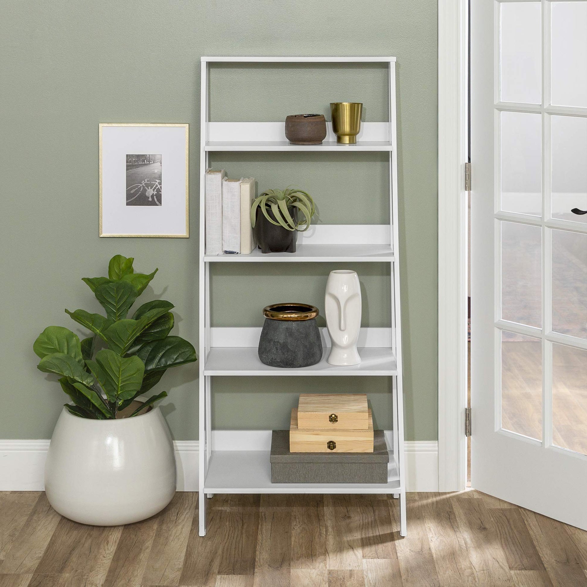 Sophisticated White 4-Shelf Ladder Bookcase by Walker Edison - WoodArtSupply