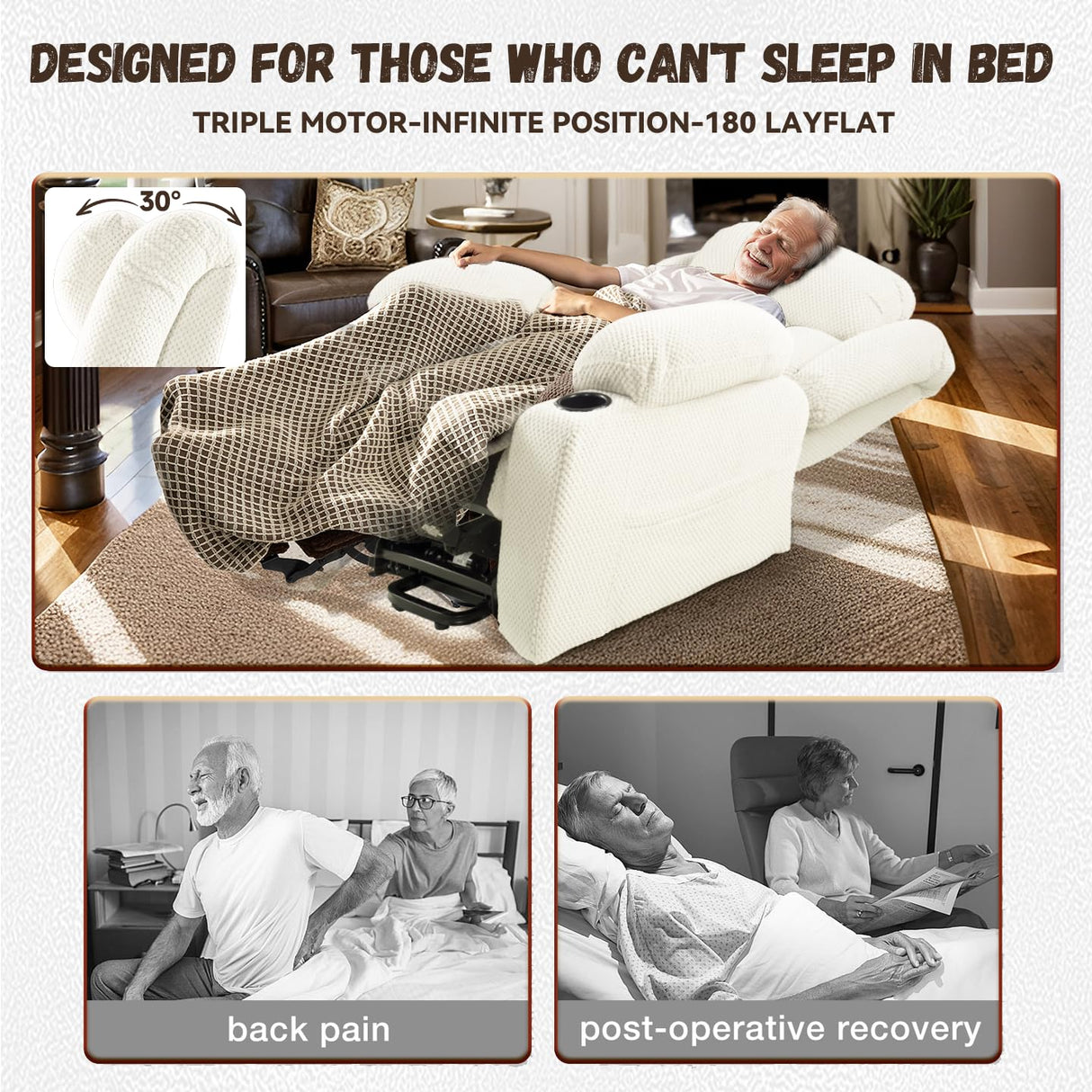 Neioml 3 Motor Large-Wide Lift Chair, Infinite Position, 180° Lay Flat, Power Lift Chairs Recliners for Elderly Big and Tall, Massage & Heat, Extended Footrest, Soft Plush Flannel (Cream White) Neioml