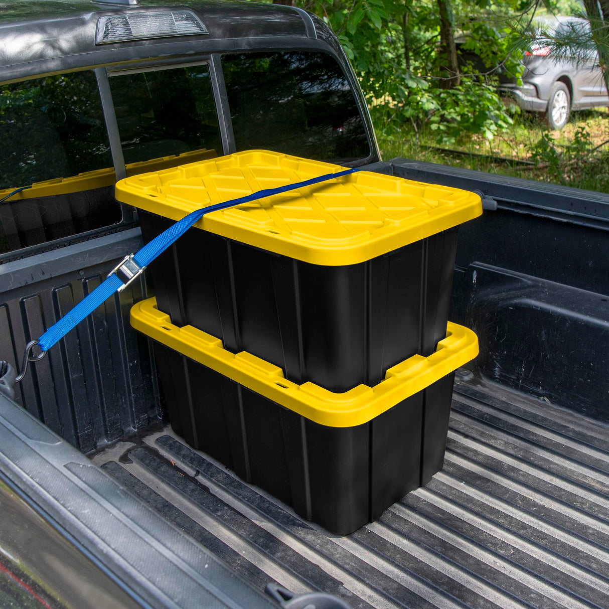 Sterilite 17 Gal Industrial Tote, Stackable Storage Bin with Snap-Fit Lid for Garage, Basement & Attic Storage, Black Base and Yellow Lily Lid, 6-Pack Sterilite