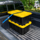 Sterilite 17 Gal Industrial Tote, Stackable Storage Bin with Snap-Fit Lid for Garage, Basement & Attic Storage, Black Base and Yellow Lily Lid, 6-Pack Sterilite