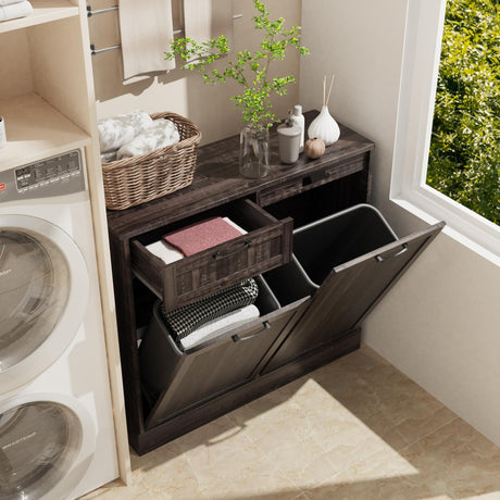 YOCONYO Tilt Out Trash Can Cabinet with Deodorizing Function, Kitchen Island Cabinet, Double Trash Cabinet, Dog Proof Wooden Trash Can with Drawer for Kitchen (Black, 20 Gallon) YOCONYO