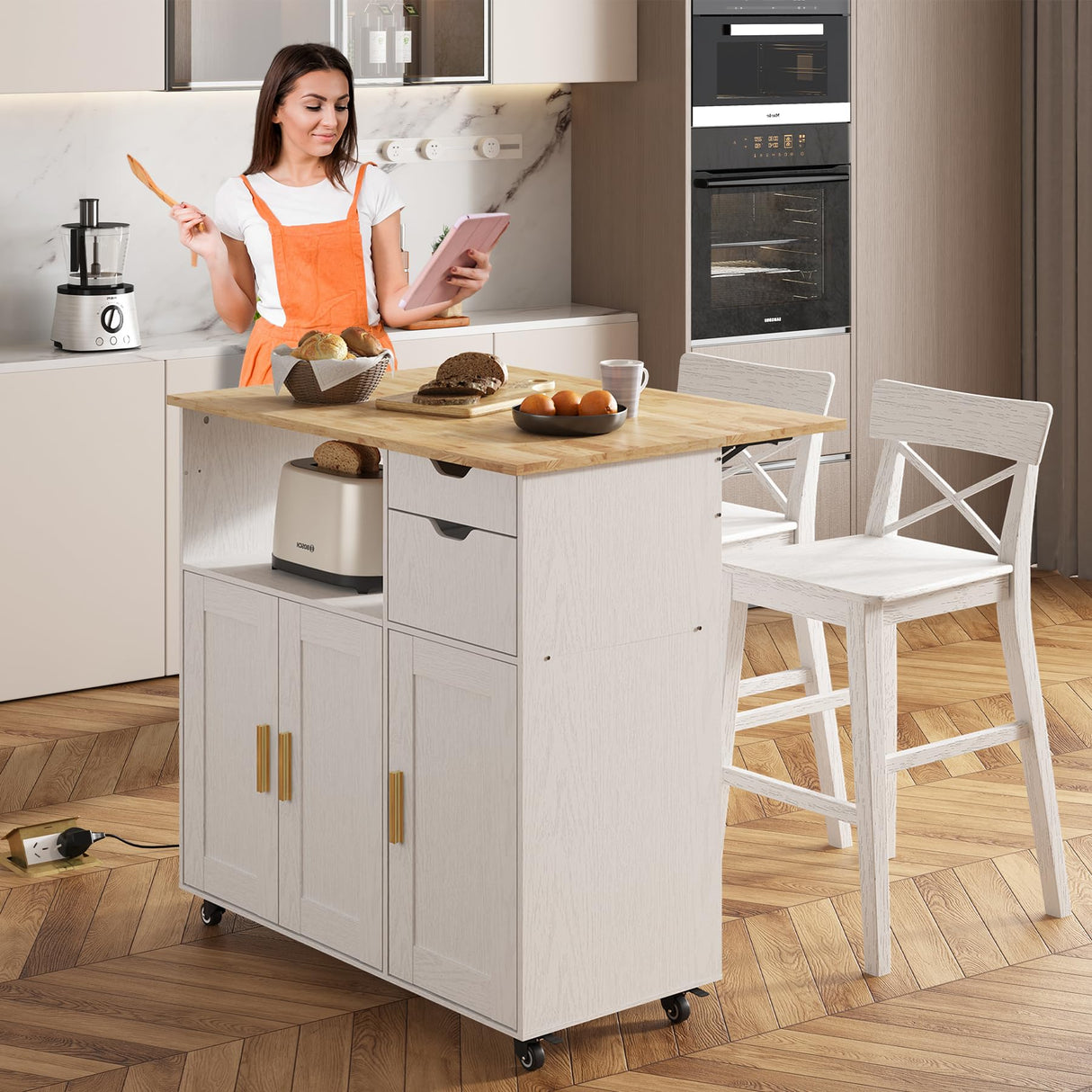 ASTRONAPE Rolling Mobile Kitchen Island Cart Bar with Drawer and Desktop Drop Leaf Countertop, Island Table Storage with 5 Wheels, Rolling Kitchen Cabinet with Power Socket and Towel Rack ASTRONAPE