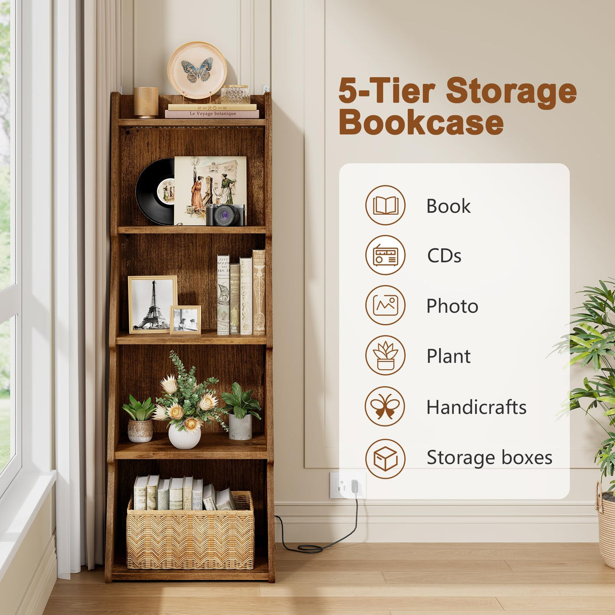 Hoctieon 5-Tier Open Bookcase and Bookshelf with LED Light, Floor Standing Display Storage Shelves, Wood Modern Display Organizer for Home Office, Living Room, Bedroom, Study, Rustic Brown Hoctieon