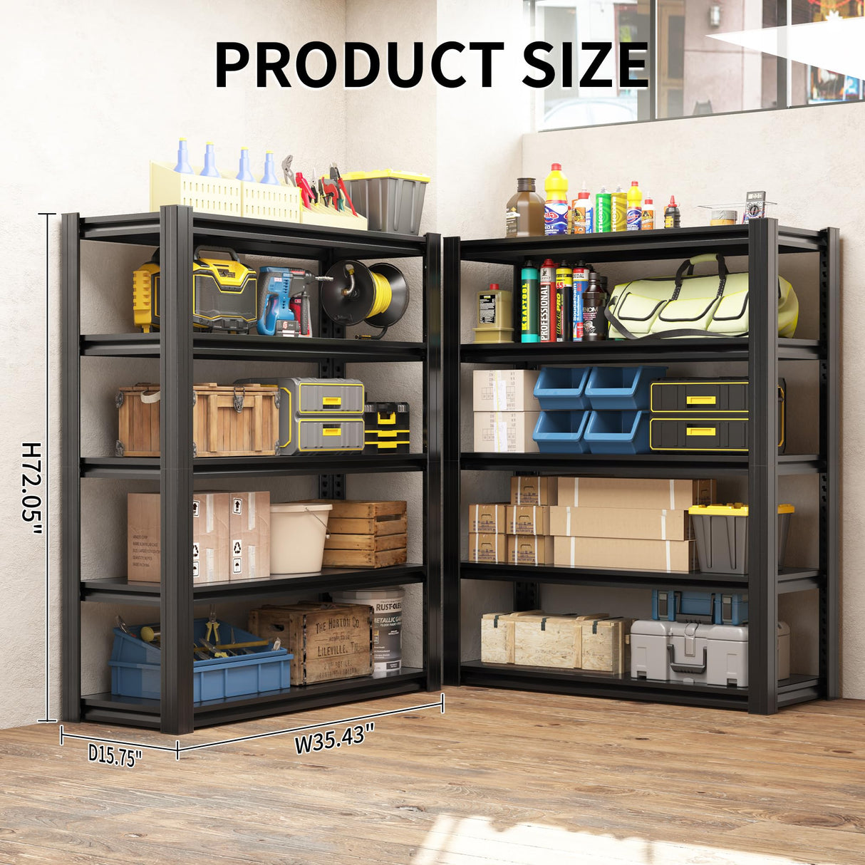 EKJ 72" H Garage Shelving 2500 LBS Heavy Duty Storage Shelves, Adjustable 5 Tier Metal Shelving Unit, Metal Racks for Storage, Utility Shelves for Workshop, Basement, Home Office 72" H*35.4"W*15.7"D EKJ