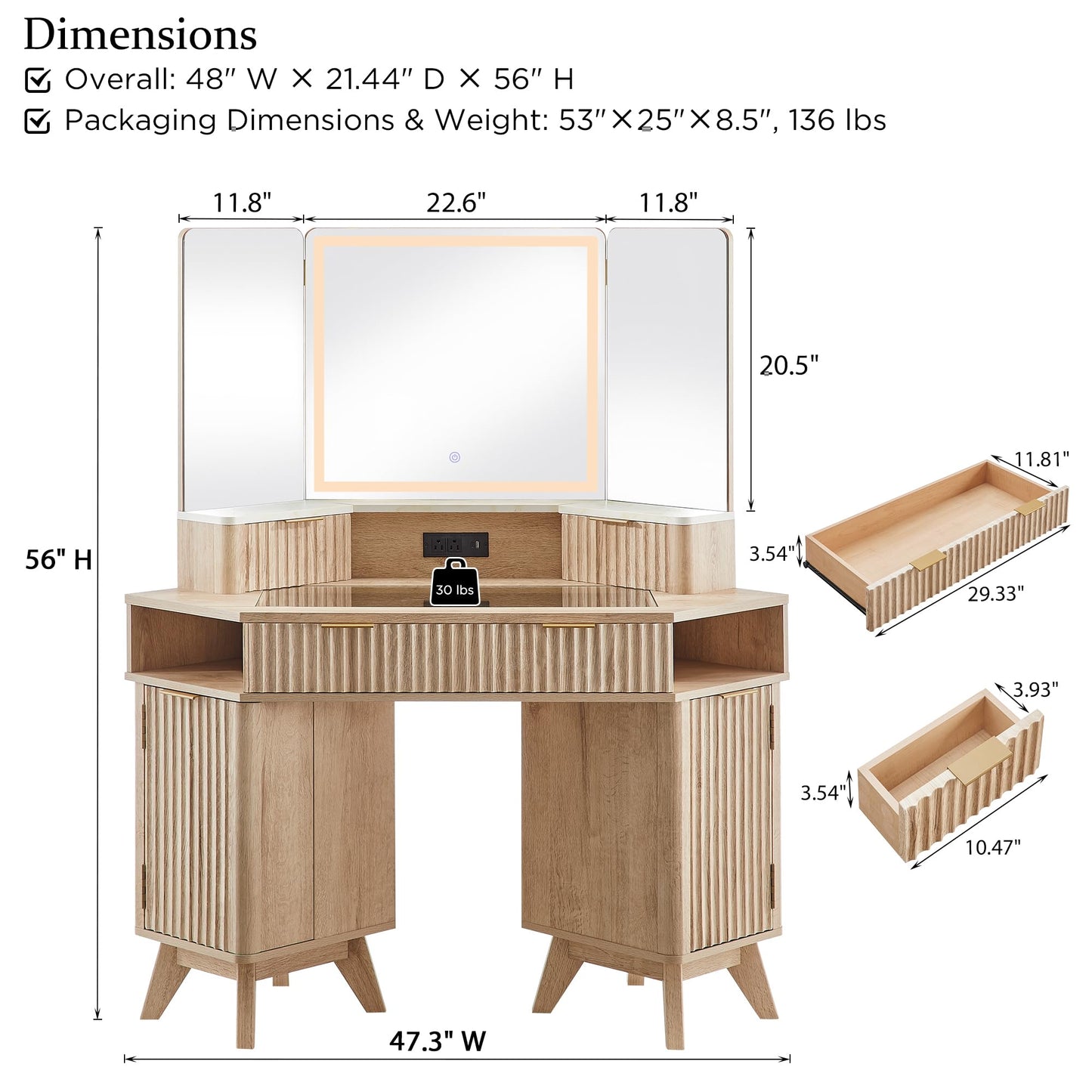 T4TREAM Fluted Makeup Vanity Desk with 3 Way Mirror and Lights, 48" Large Corner Vanity Table with Glass Top, Charging Station, 3 Drawers, Storage Cabinets & Shelves, for Bedroom, Natural Oak