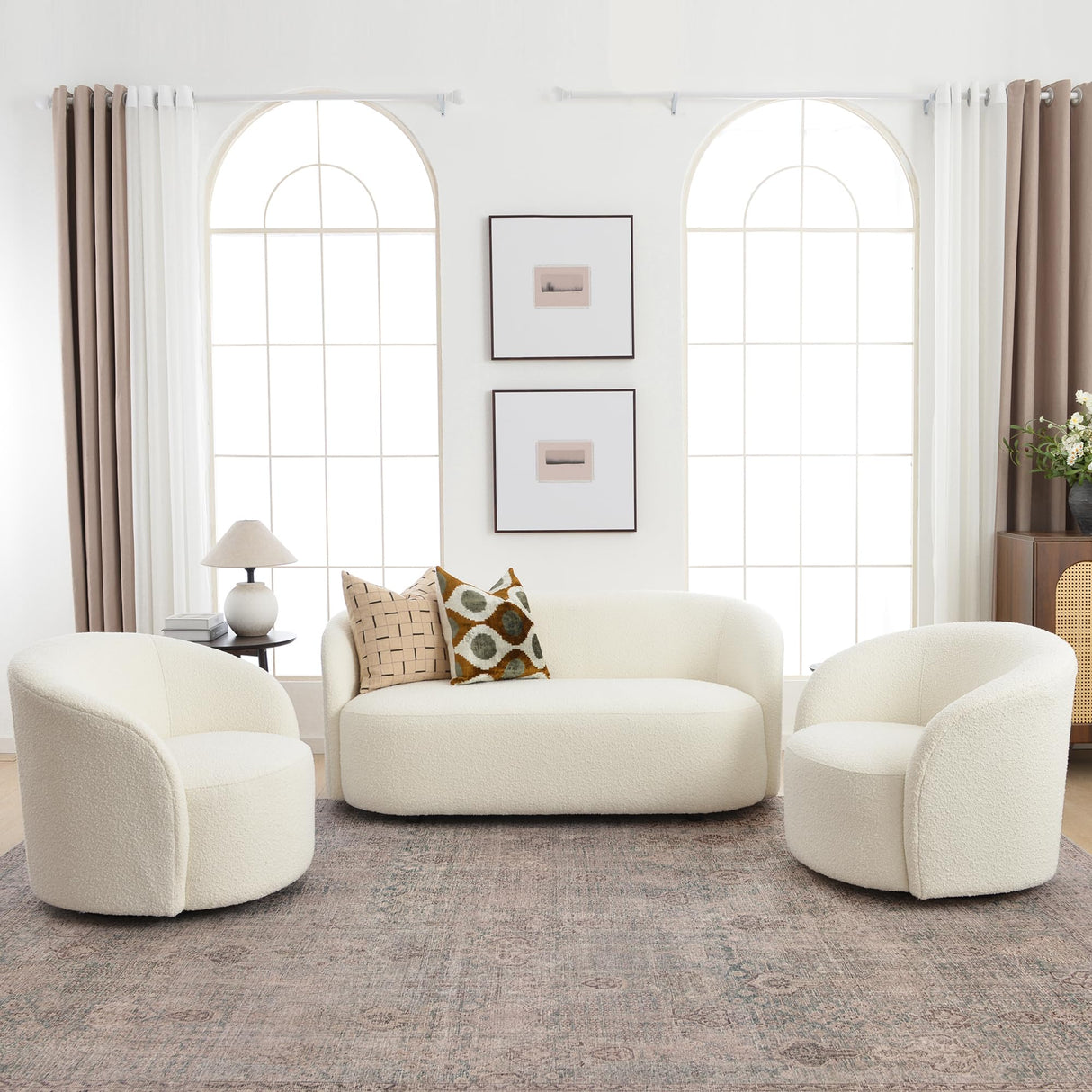 KINWELL 34" W Swivel Barrel Chair Set of 2, Mid Century Modern Round Upholstered Boucle Swivel Accent Chairs, No Assembly Sofa Chair for Living Room Bedroom Reading, Cream KINWELL