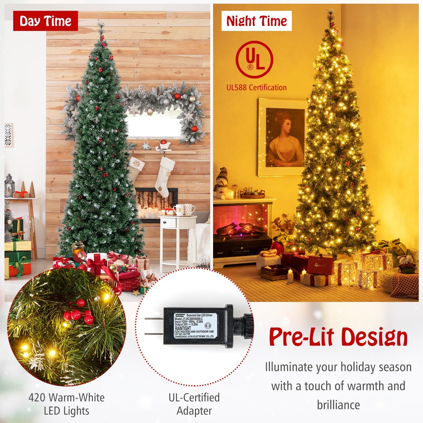 Goplus 8ft Pre-Lit Pencil Christmas Tree, Artificial Hinged Slim Xmas Tree with 420 Warm-White LED Lights, 1168 Branch Tips, Pine Needles, Silver Glitter, Red Berries, for Office Home Decor