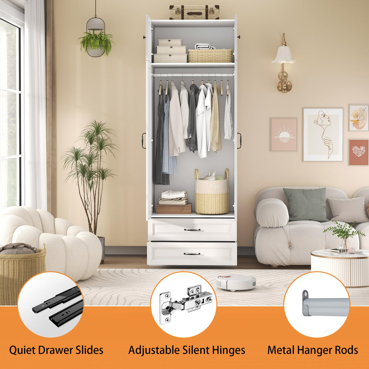 Mhsatyrs Armoire Wardrobe Closet with 2 Drawers: 88" White Bedroom Closet, Wood Wardrobe Closets with 2 Doors, Tall Armoire Cabinet and Storage Shelves for Clothing (31") Mhsatyrs