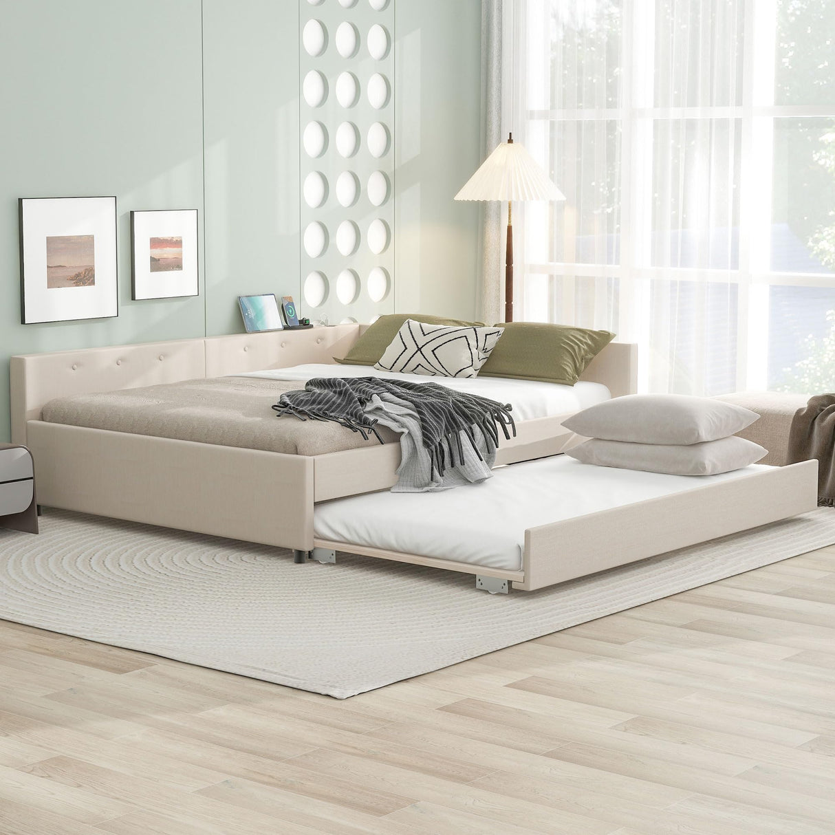 KT Rolster Queen Size Daybed with Storage and USB, Modern Cloud Bed Frame with Twin Size Trundle, Linen Upholstered Platform Bed, Queen Corner Daybed for Bedroom, No Box Spring Required, Beige KT Rolster