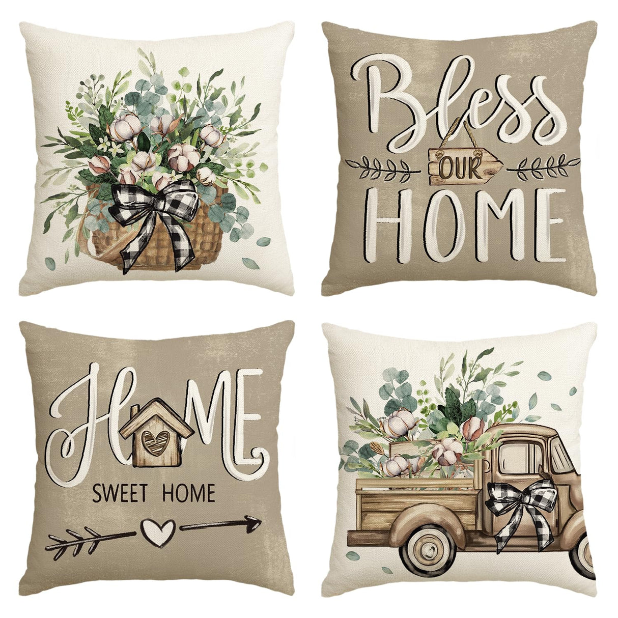 AVOIN colorlife Bless Our Home Farmhouse Eucalyptus Leaves Throw Pillow Covers, 18 x 18 Inch Truck Home Sweet Home Cushion Case Decorations Set of 4 AVOIN colorlife