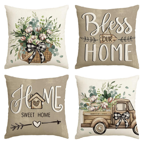 AVOIN colorlife Bless Our Home Farmhouse Eucalyptus Leaves Throw Pillow Covers, 18 x 18 Inch Truck Home Sweet Home Cushion Case Decorations Set of 4 AVOIN colorlife