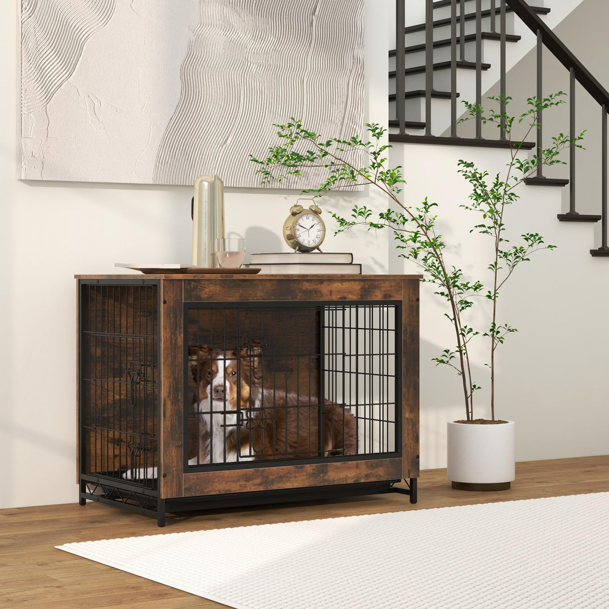 Giantex Dog Crate Furniture - 32.5" L Dog Kennel Side Table with Double Doors & Removable Pull-Out Tray, Left or Right Side Door, Modern Dog Cage Pet House End Table for Medium Dogs, Rustic Brown Giantex