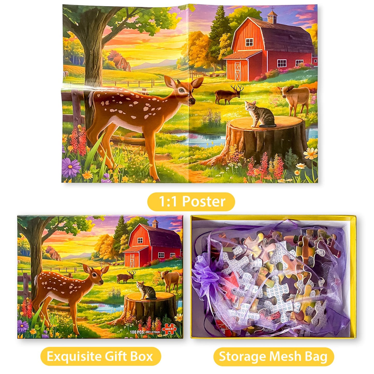 100 Pieces Jigsaw Puzzles for Kids - Deer Cat Farm Puzzles for Kids Ages 4-6 6-8 8-10 10-12 Kids Learning Educational Puzzle Toys for Boys and Girls - Farm Kitten and Cow