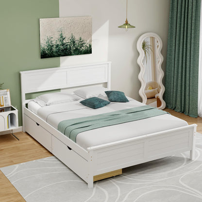 Giantex White Wood Full Size Bed Frame with 2 Storage Drawers and Headboard - WoodArtSupply