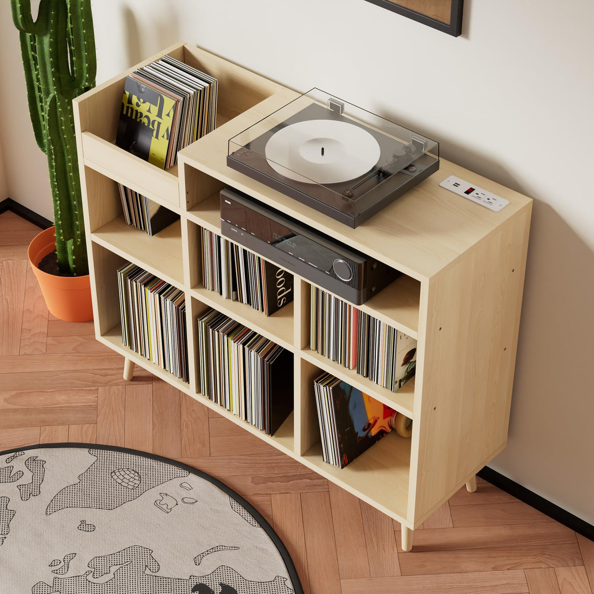 Cozy Castle Record Player Stand with Open Vinyl Storage, Record Player Table Holds up to 500 Albums, Vinyl Record Player Shelf with Power Outlet for Living Room, Oak Cozy Castle