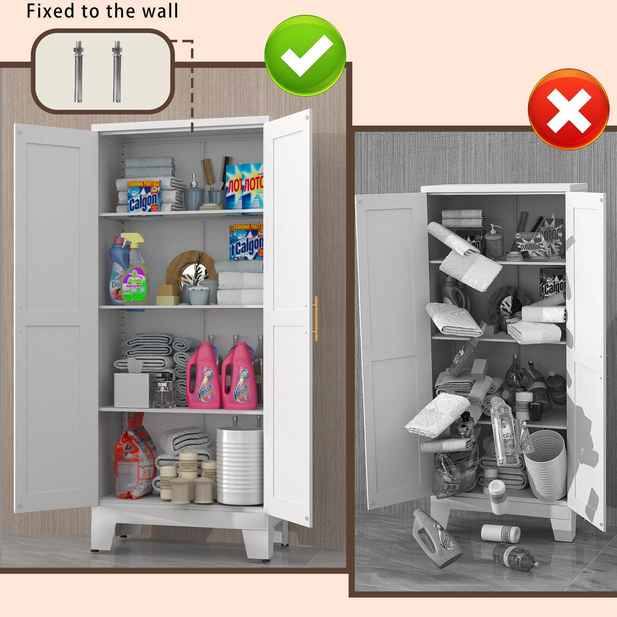 White Metal Pantry Cabinet with 2 Doors and Adjustable Shelves, 61" Kitchen Storage cabinets with Gold Handles, Versatile Storage for Laundry/Living/Dinning Room, Bathroom,Utility Room winiowa