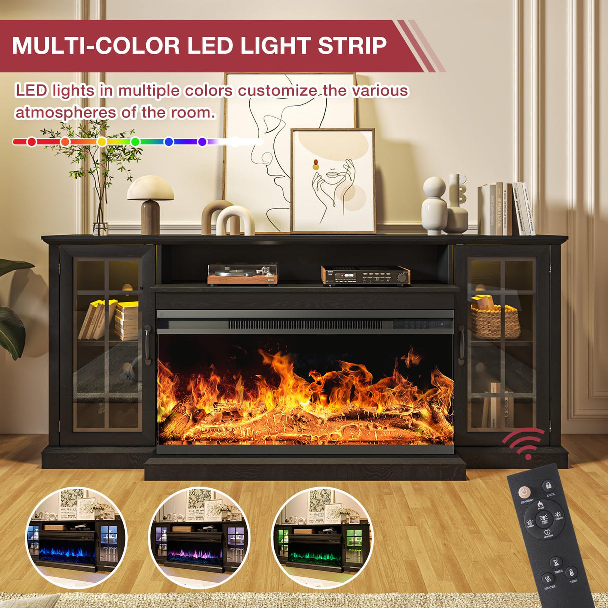 oneinmil 36 Inch 3-Sided Glass Fireplace TV Stand for TVs up to 80", Rustic Media Entertainment Center Console Table with Glass Door Closed Storage, Set of TV Table, Black oneinmil