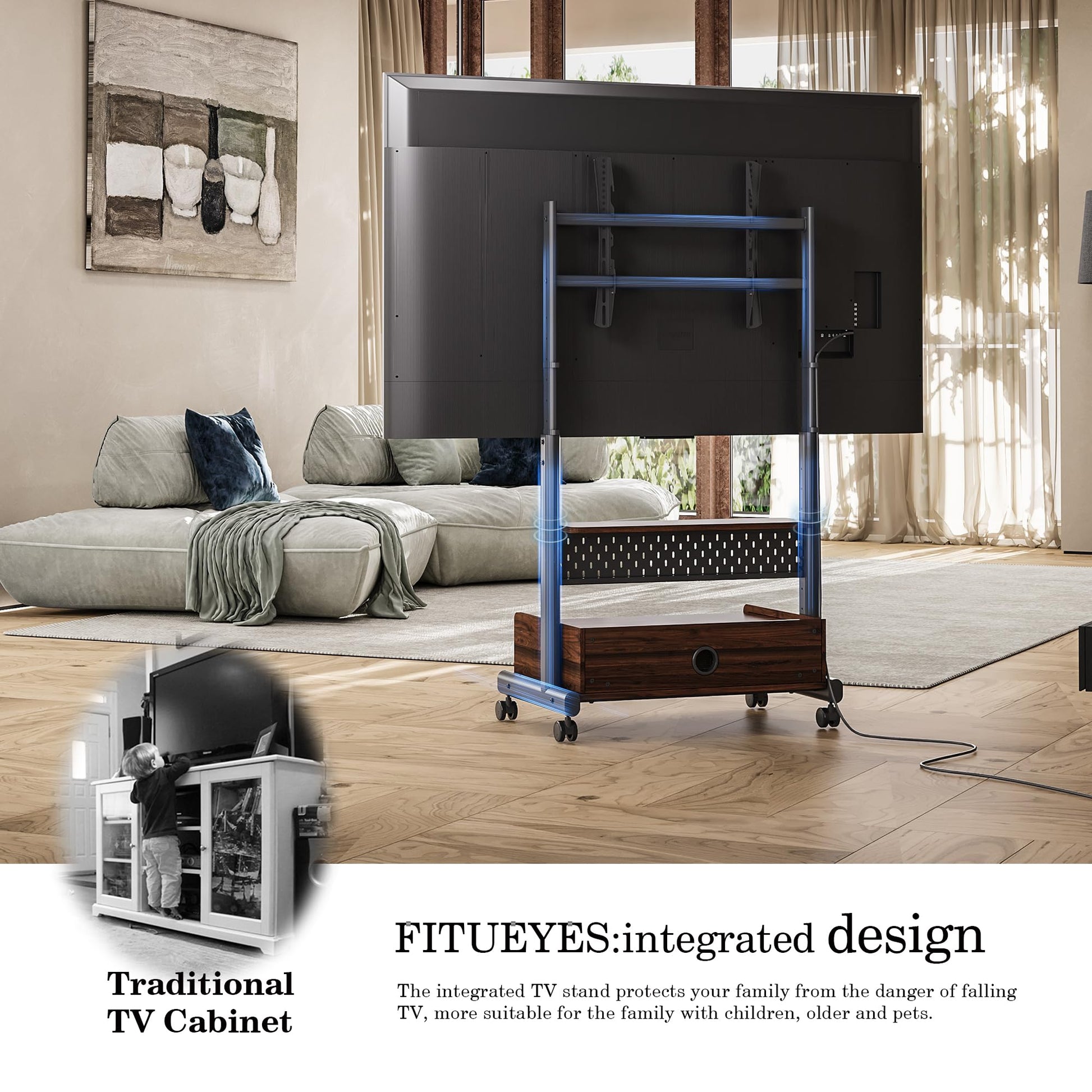 FITUEYES Rolling Floor TV Stand Mount for 40-85 Inch Large LCD/LED TVs TV Cart Heavy Duty Hold Up to 132 lbs Mobile Corner Stand with Mount for LCD/LED Flat Curved Screens with Wooden Large S - WoodArtSupply