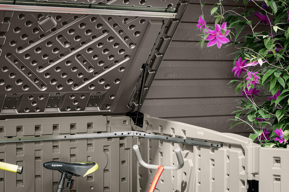 Suncast 5.9 ft. x 3.7 ft Horizontal Stow-Away Storage Shed - Natural Wood-Like Outdoor Storage for Trash Cans and Yard Tools - All-Weather Resin, Hinged Lid, Reinforced Floor - Made in The USA Suncast