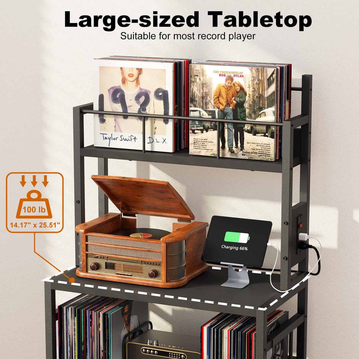 EasyCom Record Player Stand with Vinyl Storage, Turntable Stand Holds Up to 300 Albums, Large Record Player Table with Charge Station, Vinyl Record Stand for Living Room Bedroom, Black EasyCom