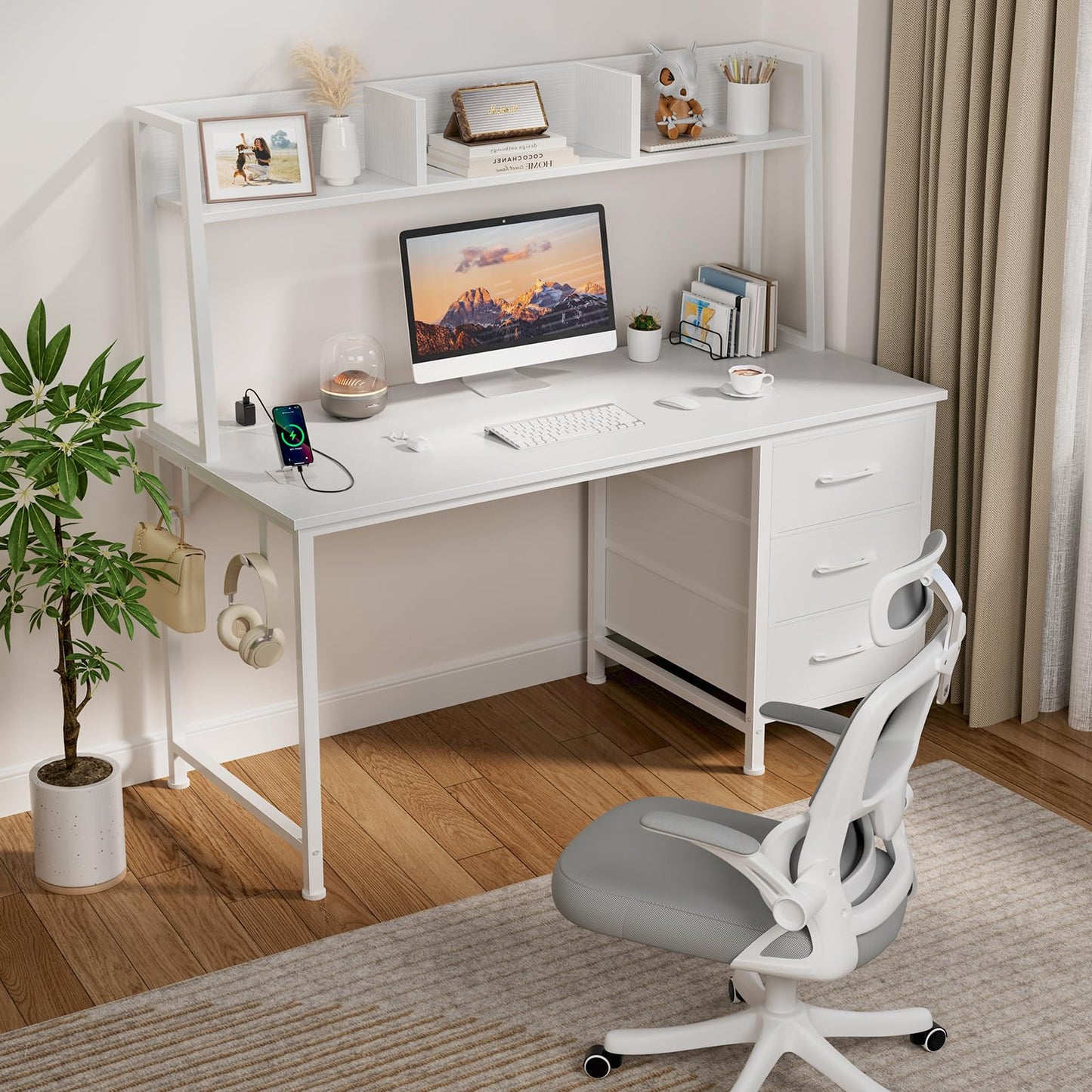 DLISITING White Computer Desk with Hutch & Drawers - Office Study Writing 47 Inch Desk with 3 Drawers Storage Power Outlets, Modern Desk for Bedroom Home Office