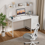 DLISITING White Computer Desk with Hutch & Drawers - Office Study Writing 47 Inch Desk with 3 Drawers Storage Power Outlets, Modern Desk for Bedroom Home Office DLISITING