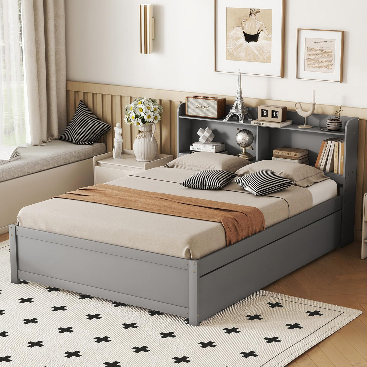 Harper & Bright Designs Full Size Bed Frame with Trundle, Full Size Platform Bed with Twin Trundle Under, Grey Harper & Bright Designs