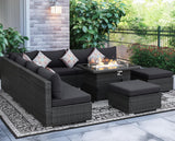 NICESOUL 10 Piece Contemporary Patio Furniture Set with Firepit Table Natural Gas/Propane, 29.3'' High Backrest Outdoor Sofa Conversations, 9 Seats Deep Wide Seating Wicker Sectionals, Dark Gray NICESOUL