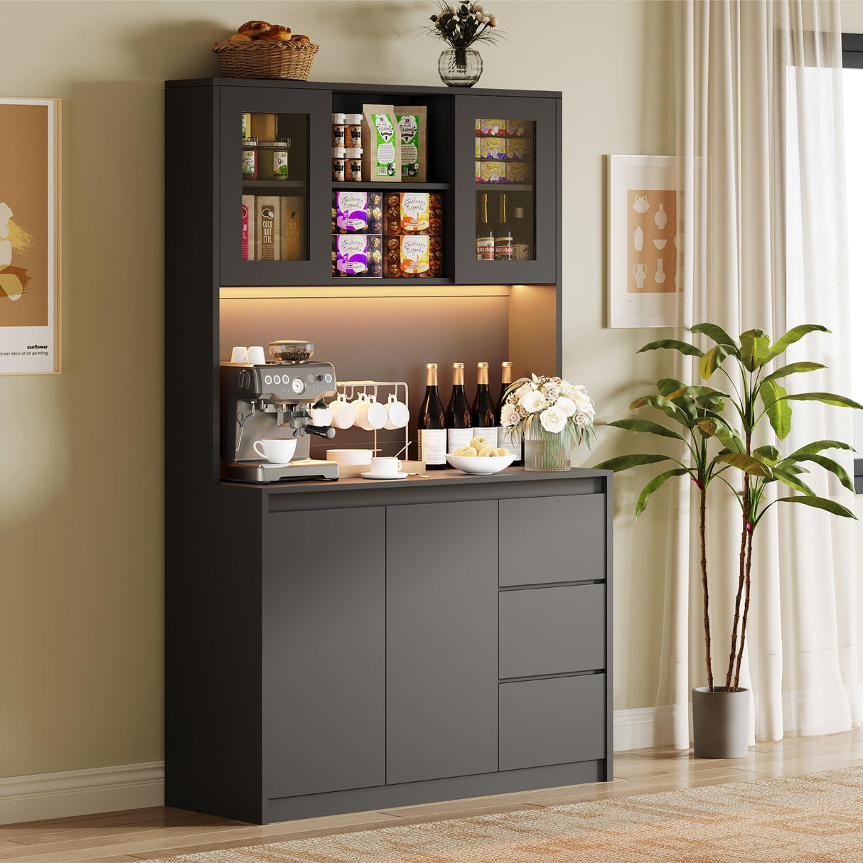 Homhougo 70'' Tall Kitchen Pantry Cabinet with 3 Drawers, 4 Doors, Adjustable Shelves for Storage - Power Outlet (Black) Homhougo