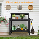ONBRILL Potting Bench Table, HDPS Potting Bench with 4 Side Hooks, All-Weather Garden Table Work Station, Outdoor Potting Table for Porch, No Rust, No Fade, No Break, 360lbs Capacity (Black, Large) ONBRILL